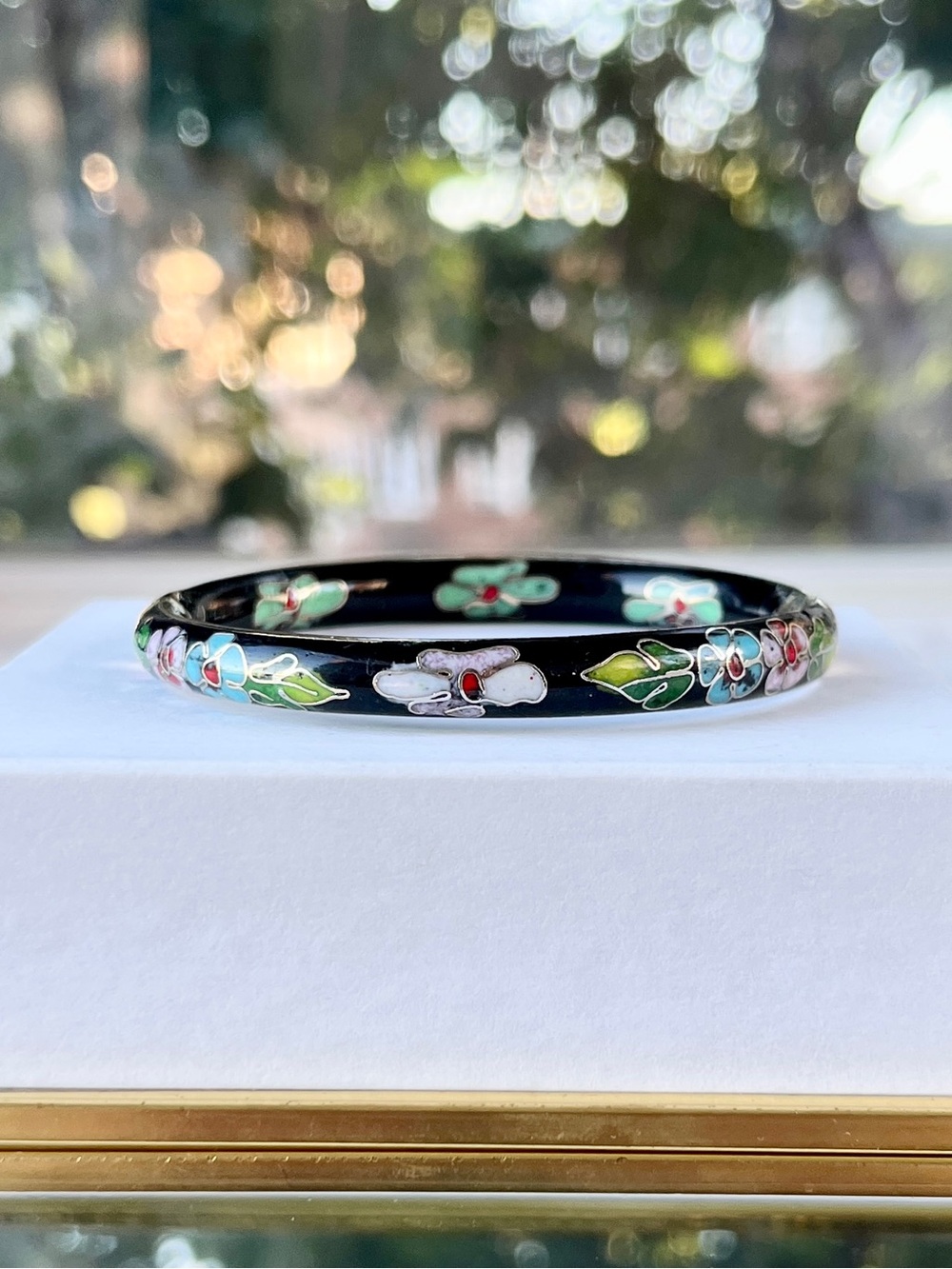 Vintage Black Floral Cloisonné Bangle Bracelet